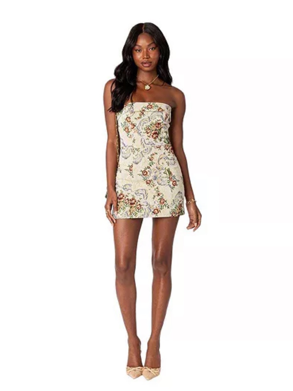 FLORAL TAPESTRY MINI DRESS STRAPLESS free people anthropologie with Jean akira